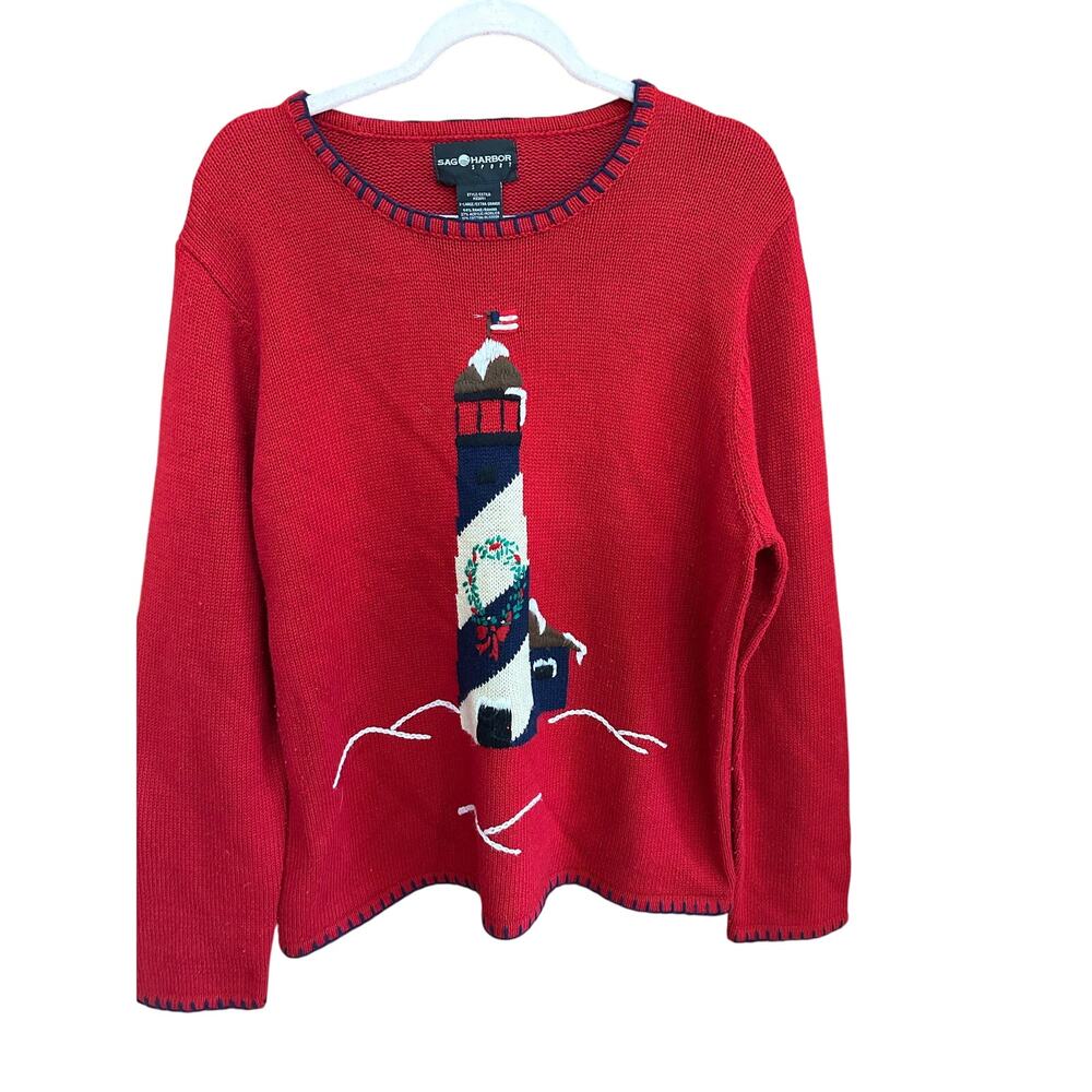 Vintage Sag Harbor Red Knit Lighthouse Xmas Sweater - XL